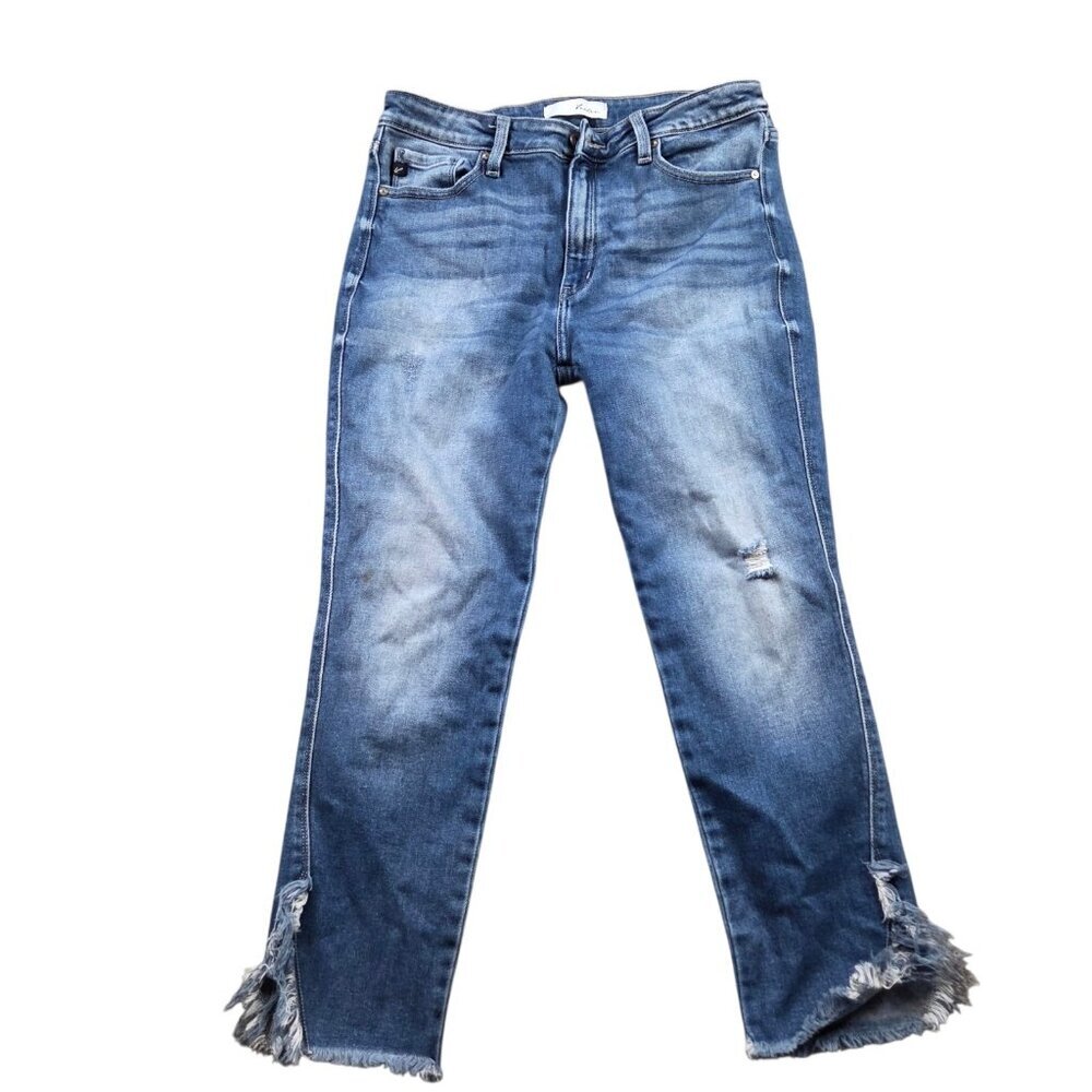 Kancan Jeans Womens 13/30 Blue Stretch High Waist Split Hem Fringe Ankle Marks*